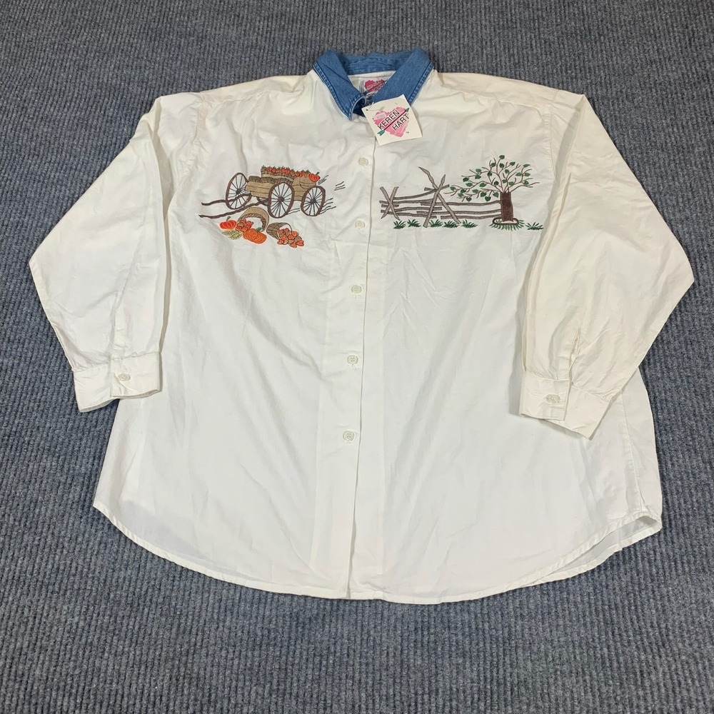Vintage Keren Hart Shirt Womens Large Denim Collar Embroidered Fall Wagon 90s‎